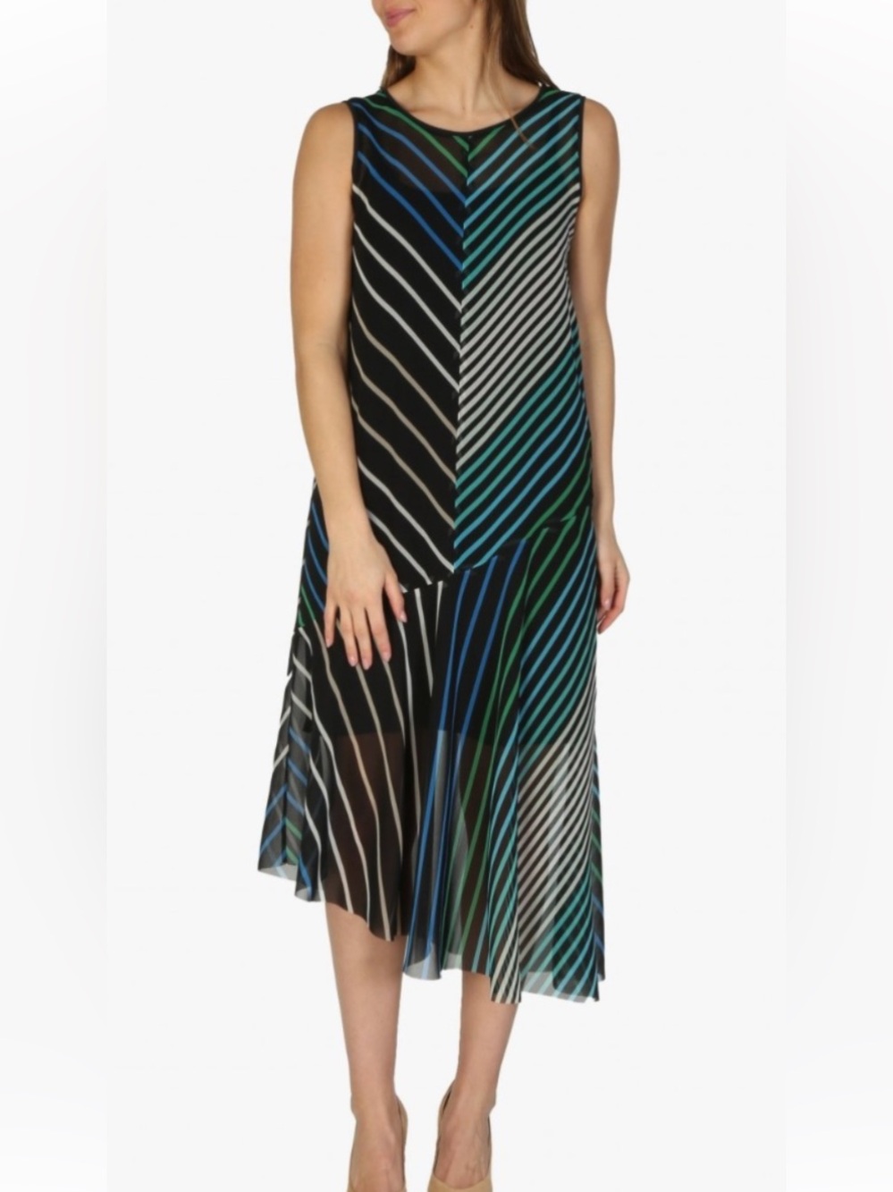 Marc Cain Black Dress with Green and Blue Diagonal Stripes Asymmetric Size 8